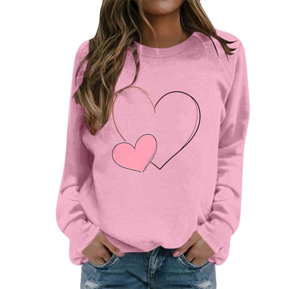 IWRICH Valentine's Outfits for Women Cute Love Heart Graphic Pullover Sweatshirts Valentine's Crewneck Long Sleeve Sweatshirt Pink S