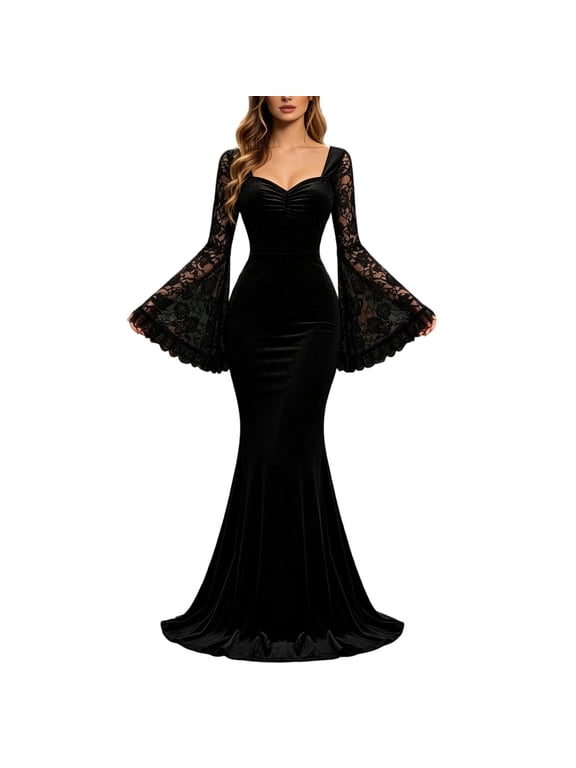 Velvet Gothic Maxi Dress for Women Dresses with Lace Bell Sleeves Goth Vintage Halloween Gown