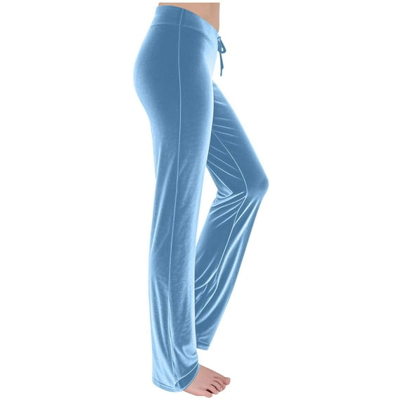 IWRICH Velvet Pants for Women Home Comfy Velour Flare Pant Casual Wide Leg High Waisted Drawstring Trousers Light Blue L