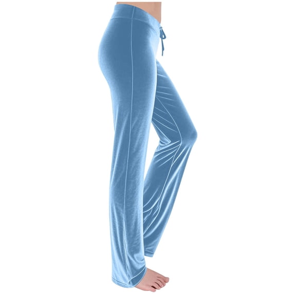 IWRICH Velvet Pants for Women Home Comfy Velour Flare Pant Casual Wide Leg High Waisted Drawstring Trousers Light Blue M