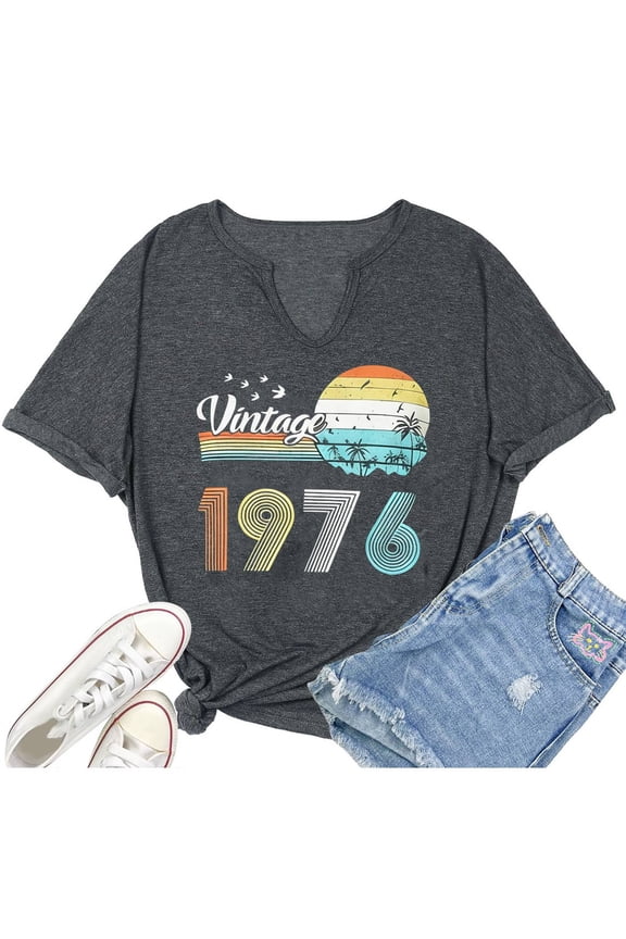 Vintage 1976 T Shirts for Women 50th Birthday Shirts Gifts Born in 1976 Tshirt Retro Short Sleeve Tee Tops Grey L