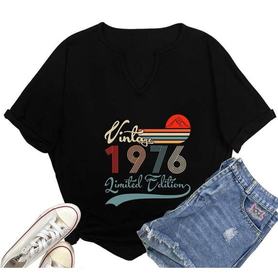 IWRICH Vintage 1976 V Neck T Shirts for Women 50th Birthday Shirts Gifts Born in 1976 Tshirt Retro Short Sleeve Tee Tops Black M