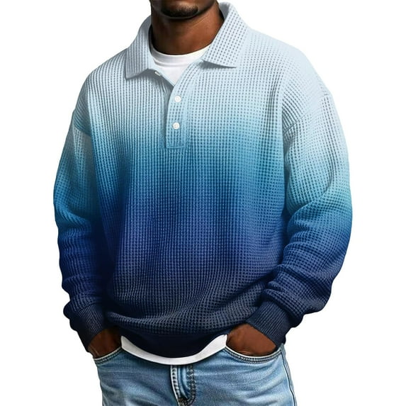 IWRICH Waffle Long Sleeve Polo Shirts for Men Big and Tall Golf Shirt Casual Collared T Shirts Textured Knit Tops Blue2 M