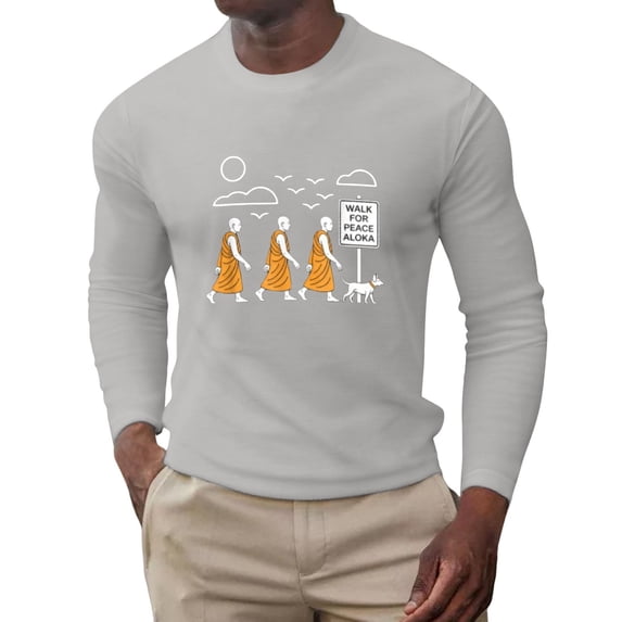 IWRICH Walk for Peace Monks Journey T-Shirt for Men White Long Sleeve Tshirts Crew Neck Oversize Big and Tall Tops Light Gray XXXXL