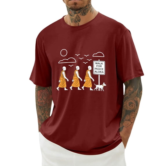 IWRICH Walk for Peace Monks Journey T-Shirt for Men White Short Sleeve Tshirts Crew Neck Loose Fit Oversize Big and Tall Tops Brick Red XXXXXL