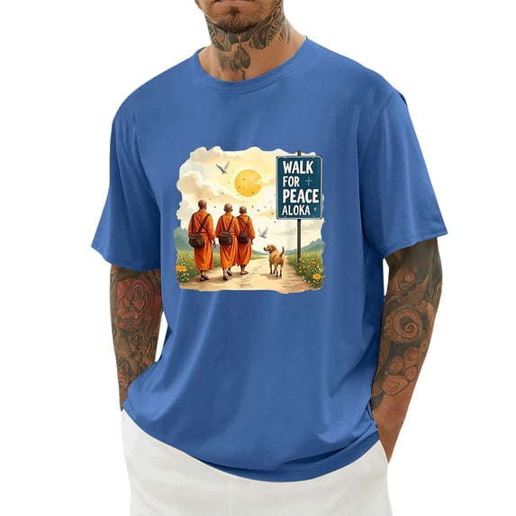 IWRICH Walk for Peace Monks Journey T-Shirt for Men White Short Sleeve Tshirts Crew Neck Oversize Big and Tall Tops Z-02-Blue L