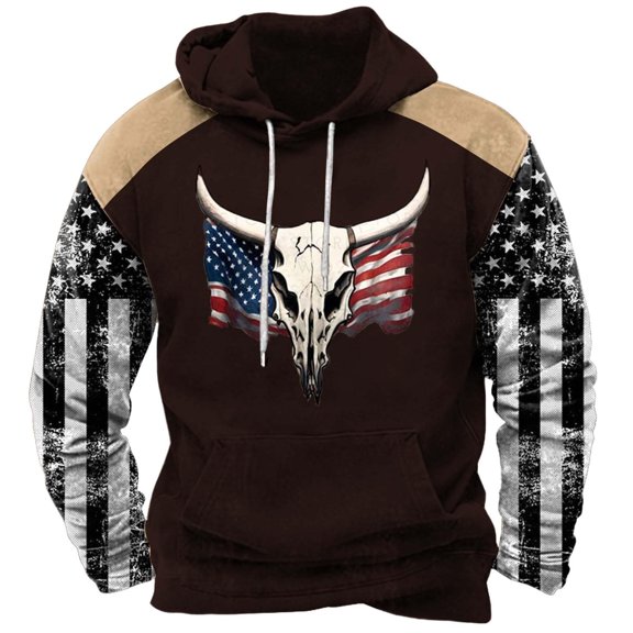 IWRICH Western Hoodies for Men Tribal Aztec Cowboy Ethnic Country Hooded Sweatshirts Fall Long Sleeve Pullover Tops Brown M