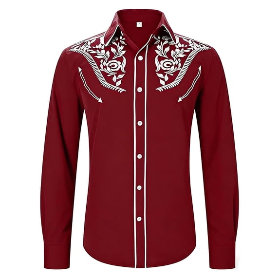 IWRICH Western Shirts for Men Cowboy Shirts Long Sleeve Printed Country Shirt Slim Fit Button down Shirt Casual Work Red S