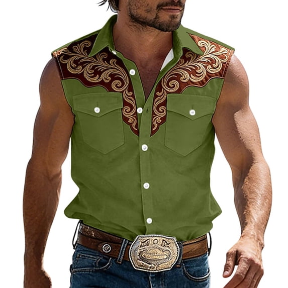 IWRICH Western Sleeveless Shirts for Men Plus Size Collared Button down Tank Tops Cowboys Fashion Casual Tops Green M