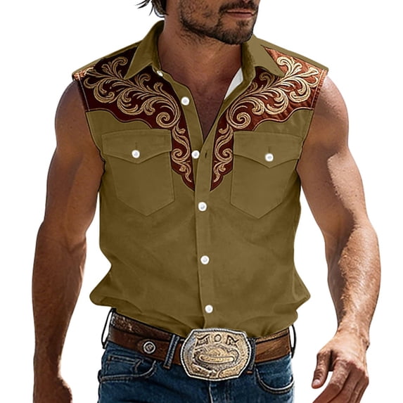 IWRICH Western Sleeveless Shirts for Men Plus Size Collared Button down Tank Tops Cowboys Fashion Casual Tops Khaki XXL