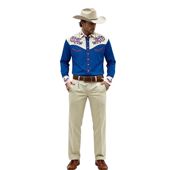 IWRICH Westren Cowboy Plus Size Shirts for Men Long Sleeve Button down Country Casual Tops Stylish Spring Summer Holiday Tees 04-Blue XXL