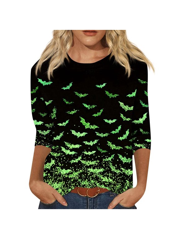 Women Halloween Spooky Graphic Shirt 3/4 Length Sleeve Crewneck Tees Funny Printed T-Shirts Fall Going out Tops 18-Black M