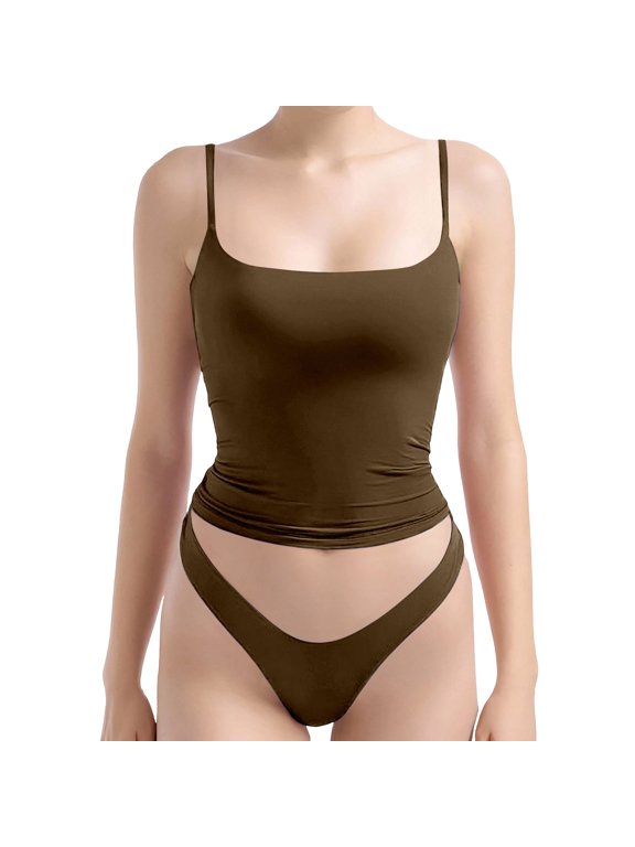 Women's 2 Piece Double Line Square Neck Tank Tops and V-Strings Underwear Summer Basic Cami Shirt Sets Brown XS