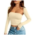 thumbnail image 1 of IWRICH Women's 2 Piece Long Sleeve Y2k Cardigan Bolero Shrug Set Strapless Going out Crop Top Fashion T-Shirt Tank Tops Beige XS, 1 of 8
