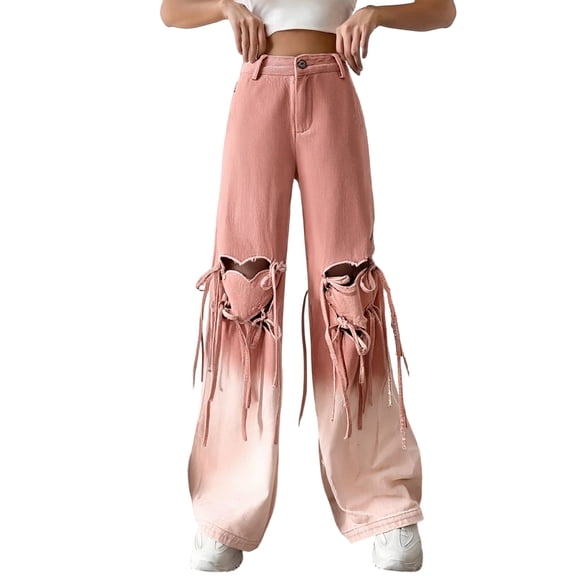 IWRICH Women's 20s Jeans Baggy Wide Leg Cute Heart Trousers Bowknot Strap Loose Fit Denim Pants with Pockets Pink XXL