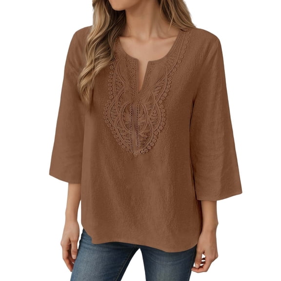 IWRICH Women's 3/4 Sleeve Tops Embroidered Shirts V Neck Lace Casual Loose Fit Blouses Boho Fashion Brown L