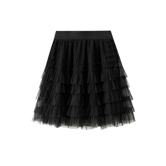 IWRICH Women's A-Line Fairy Patterned Elastic Waist Ruffle Tulle Layered Midi Skirt Black S