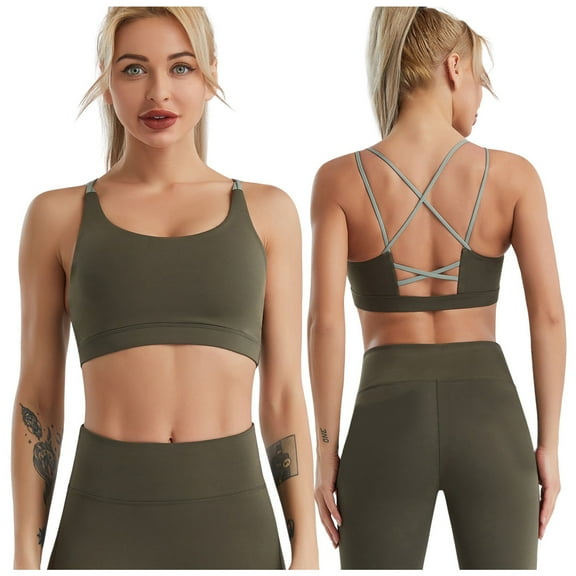 IWRICH Women's Adjustable Straps Longline Sports Bras Scoop Neck Cross Back Backless Padded Wireless Workout Yoga Tank Top Army Green XXL