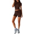 thumbnail image 1 of IWRICH Women's Athletic Sets Short Sleeve Crew Neck T Shirts Drawstring Shorts 2 Piece Slim Fit Workout Yoga Outfits Brown M, 1 of 5