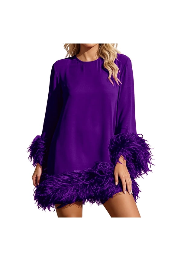 Women's Autumn and Winter Feather Patch Mini Dress Elegant Party Long Sleeved Dress Purple XL