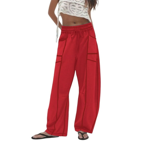 IWRICH Women's Barrel Sweatpants High Waisted Wide Leg Pants Drawstring Athletic Baggy Sweatpants Red2 XL