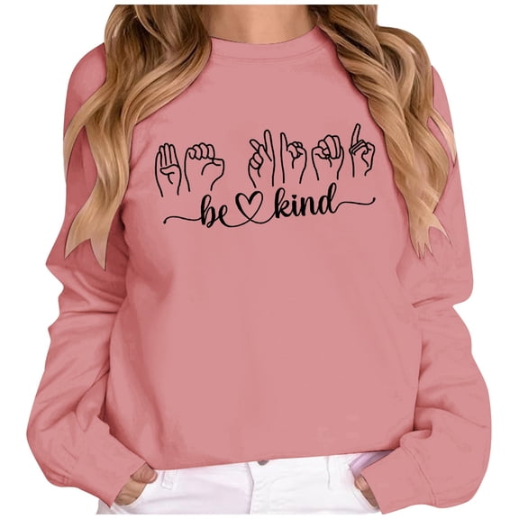 IWRICH Women's Be Kind Sign Language Sweatshirt Cute Hand Heart Graphic Long Sleeve Casual Crewneck Pullover Top Teacher Gifts Pink XL