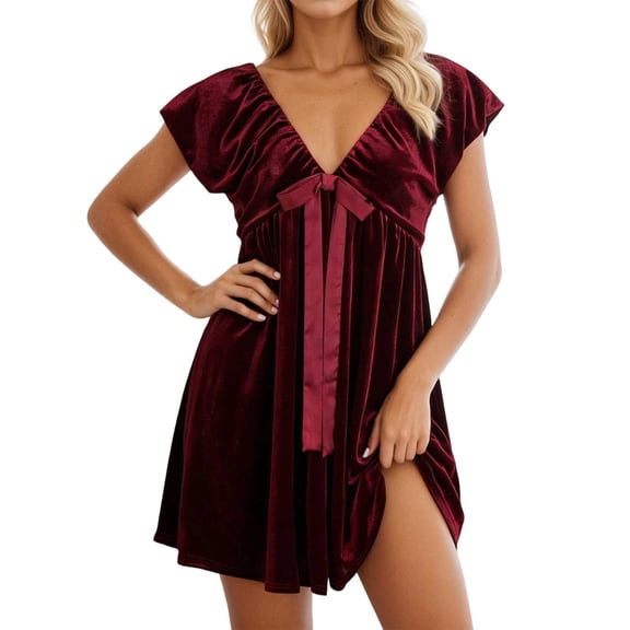 IWRICH Women's Bow Dress Cute V Neck Short Puff Sleeves Mini Dress Casual Bowknot Short Party Dresses Red S