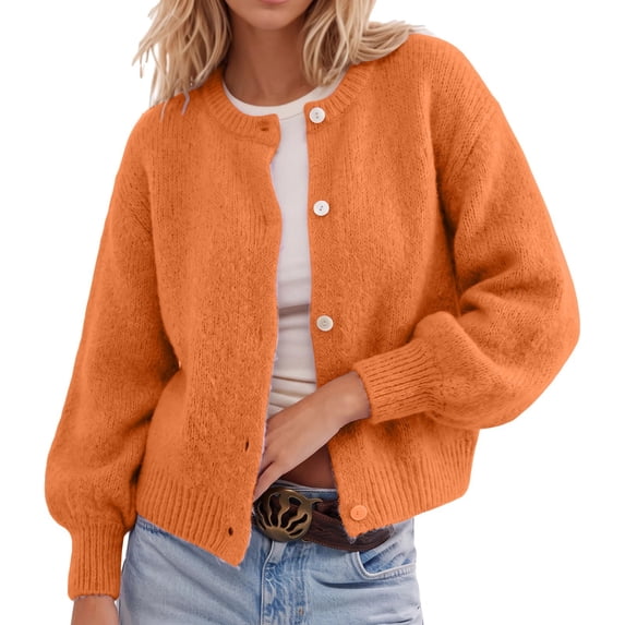 IWRICH Women's Button down Lightweight Cardigan Sweater Cute Fall Fashion Lantern Long Sleeve Crew Neck Solid Color Tops L