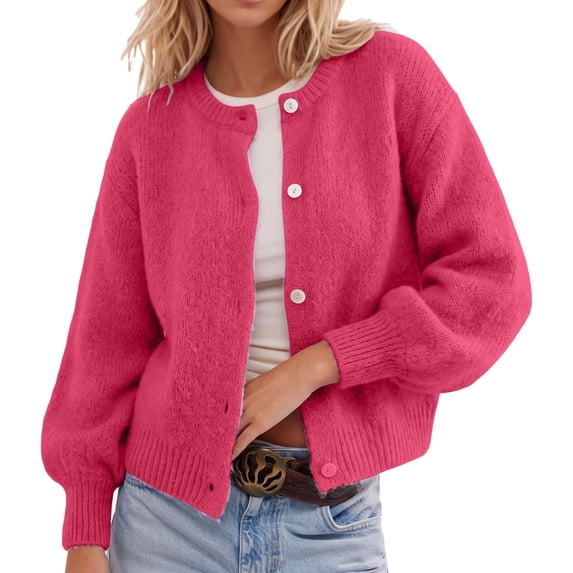 IWRICH Women's Button down Lightweight Cardigan Sweater Cute Fall Fashion Lantern Long Sleeve Crew Neck Solid Color Tops L