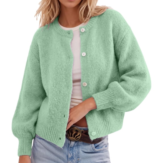 IWRICH Women's Button down Lightweight Cardigan Sweater Cute Fall Fashion Lantern Long Sleeve Crew Neck Solid Color Tops S