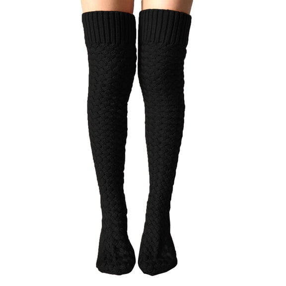 IWRICH Women's Cable Knit Thigh High Socks Winter Boot Stockings Extra Long over Knee Stockings Black