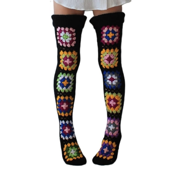 IWRICH Women's Cable Knit Thigh Socks Ethnic Floral Crochet Knit over Knee High Stockings Tube Leg Warmers Boot Socks Black