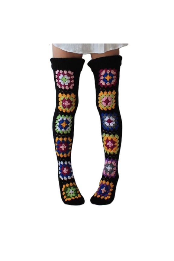 Women's Cable Knit Thigh Socks Ethnic Floral Crochet Knit over Knee High Stockings Tube Leg Warmers Boot Socks Black