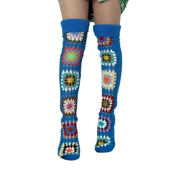 IWRICH Women's Cable Knit Thigh Socks Ethnic Floral Crochet Knit over Knee High Stockings Tube Leg Warmers Boot Socks Blue