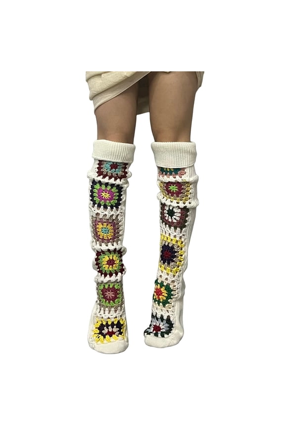 Women's Cable Knit Thigh Socks Ethnic Floral Crochet Knit over Knee High Stockings Tube Leg Warmers Boot Socks White