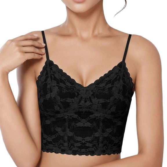 IWRICH Women's Camisole Built in Bra Lace Wireless Lightly Lined Push up Gather Underwire Stretchable Straps Pad Bras Black L