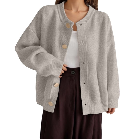 IWRICH Women's Cardigan Sweaters Casual Lightweight Long Sleeve Button up Coats Crewneck Knit Fall Outwear Beige L