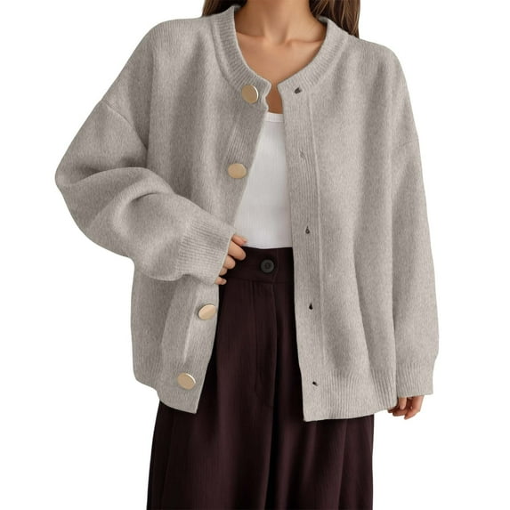 IWRICH Women's Cardigan Sweaters Casual Lightweight Long Sleeve Button up Coats Crewneck Knit Fall Outwear Beige XXL