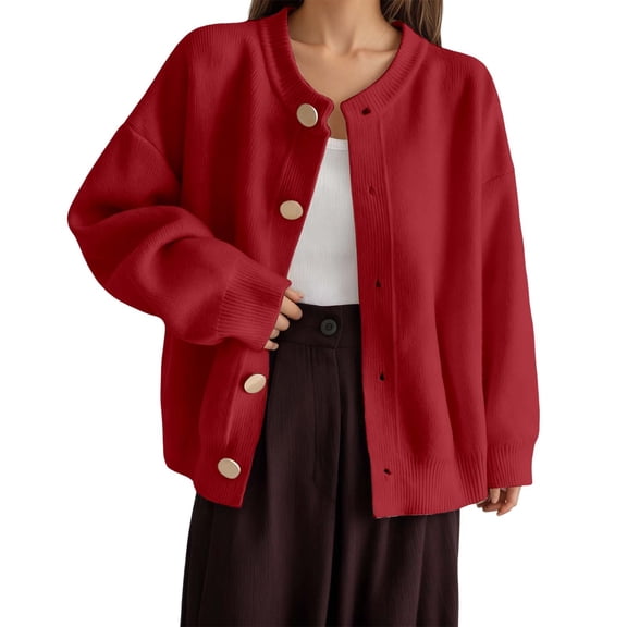 IWRICH Women's Cardigan Sweaters Casual Lightweight Long Sleeve Button up Coats Crewneck Knit Fall Outwear Red M