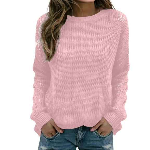 IWRICH Women's Casual Long Sleeve Sweaters Loose Crewneck Knit Solid Pullover Sweater Jumper Tops Pink L