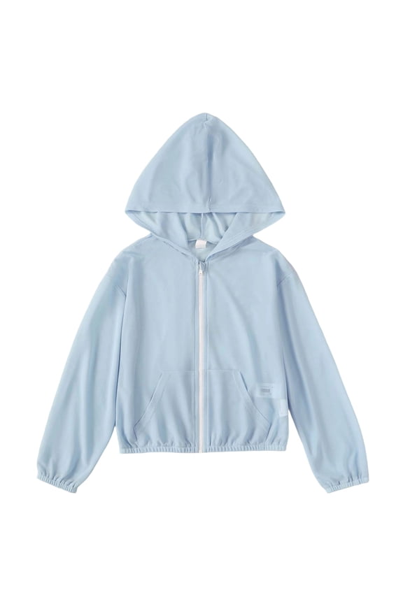 Women's Casual Long Sleeve Zip up Hoodie Jacket Drop Shoulder Preppy Sweatshirt Crop Tops Blue 8Y