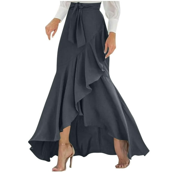 IWRICH Women's Casual Maxi Skirt a Line Irregular Ruffle Hem Fishtail Long Skirt Navy XL