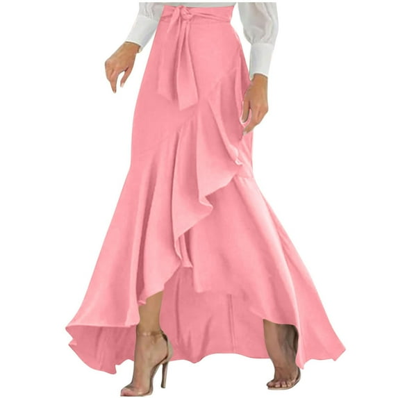 IWRICH Women's Casual Maxi Skirt a Line Irregular Ruffle Hem Fishtail Long Skirt Pink L