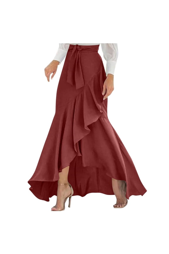 Women's Casual Maxi Skirt a Line Irregular Ruffle Hem Fishtail Long Skirt Red XL