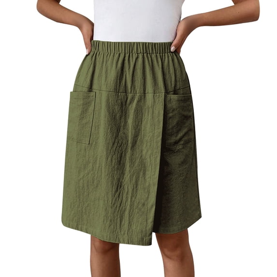 IWRICH Women's Casual Skorts High Waist Summer Linen Knee Length Shorts Solid Tennis Golf Beach Loose Trendy Skirt with Pockets Army Green XL