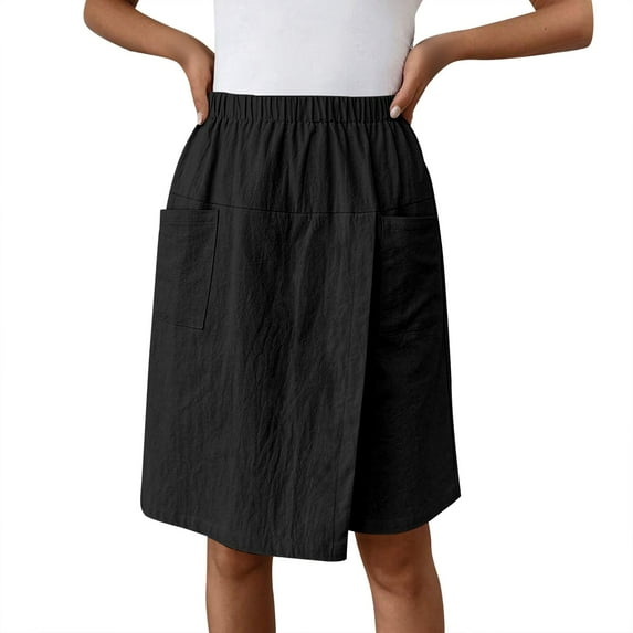 IWRICH Women's Casual Skorts High Waist Summer Linen Knee Length Shorts Solid Tennis Golf Beach Loose Trendy Skirt with Pockets Black L