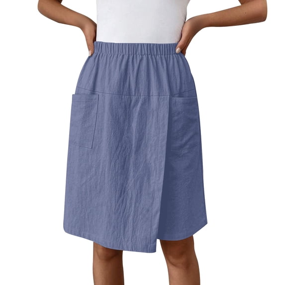IWRICH Women's Casual Skorts High Waist Summer Linen Knee Length Shorts Solid Tennis Golf Beach Loose Trendy Skirt with Pockets Blue XXL