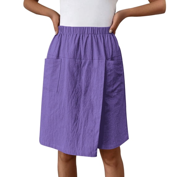IWRICH Women's Casual Skorts High Waist Summer Linen Knee Length Shorts Solid Tennis Golf Beach Loose Trendy Skirt with Pockets Dark Purple M