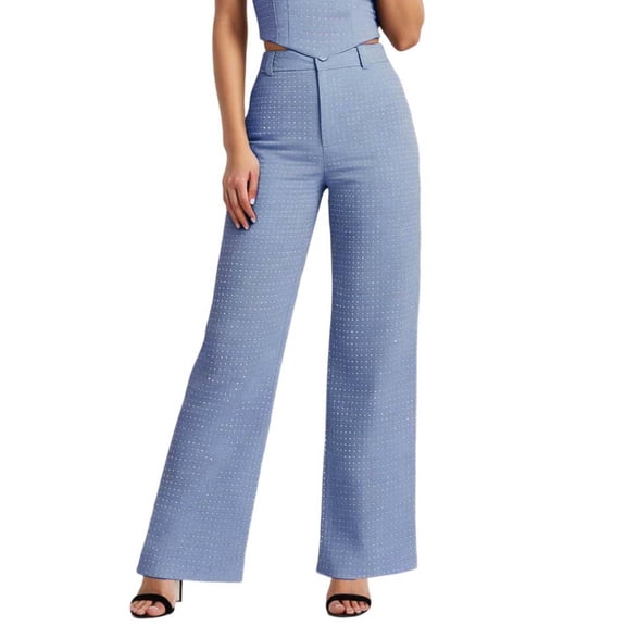 IWRICH Women's Casual Straight Leg Trousers Elegant High Elastic Waist Pants Rhinestone Shinny Elegant Pants Dark Blue M