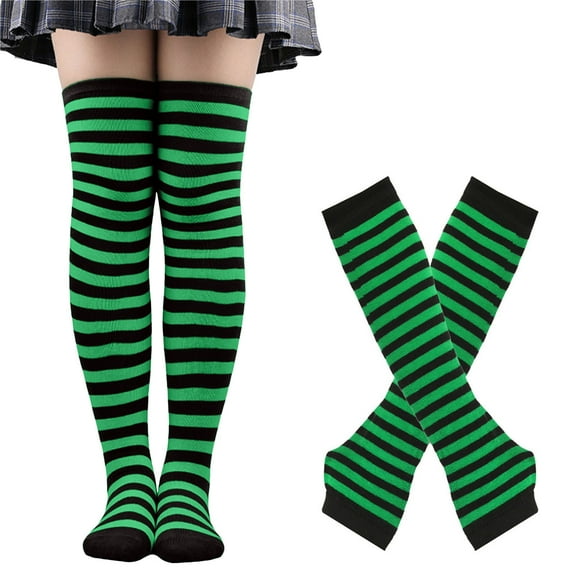 IWRICH Women's Christmas Arm Warmers Leg Warmers Striped Thigh High Socks Fingerless Gloves Stockings Dark Green
